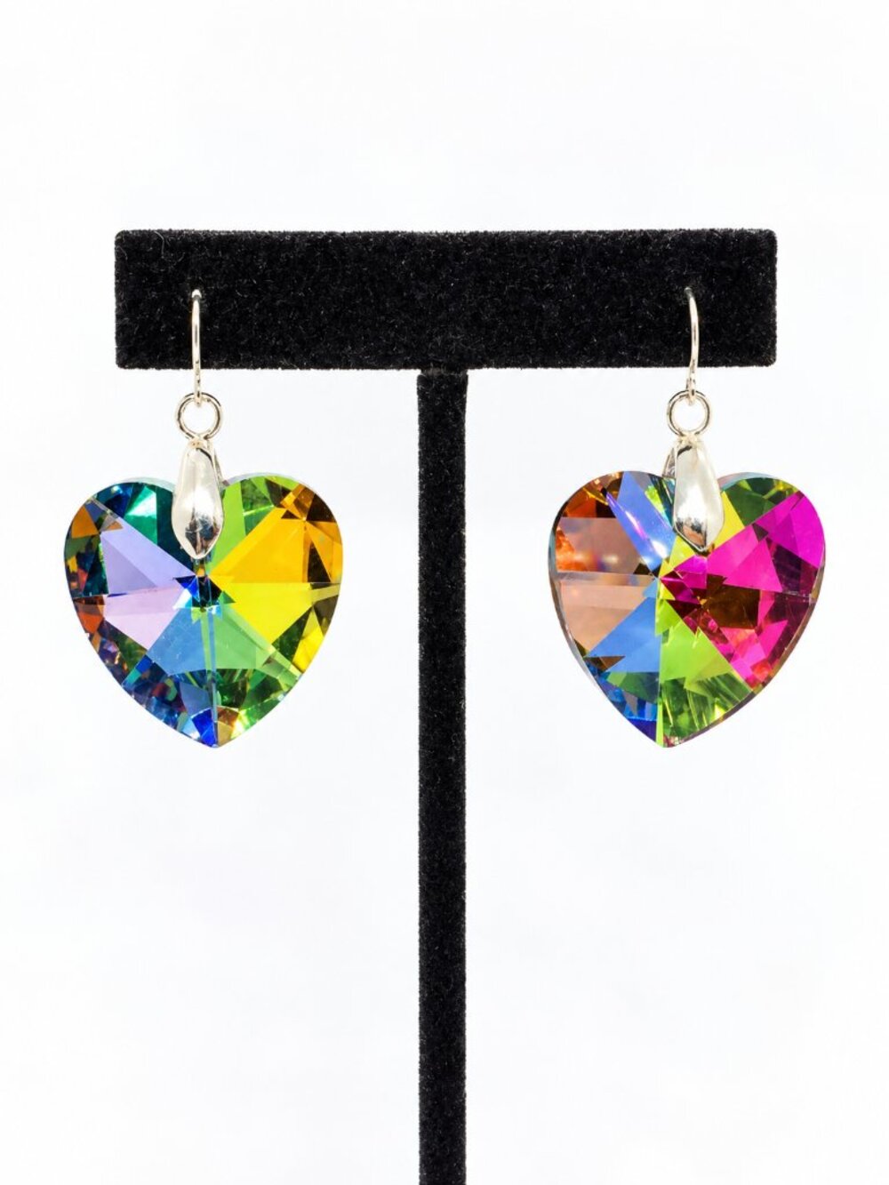 VINTAGE CRYSTAL EARRINGS Faceted AB Rainbow Heart Silver Tone Dangle Drop